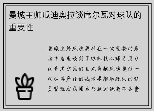 曼城主帅瓜迪奥拉谈席尔瓦对球队的重要性